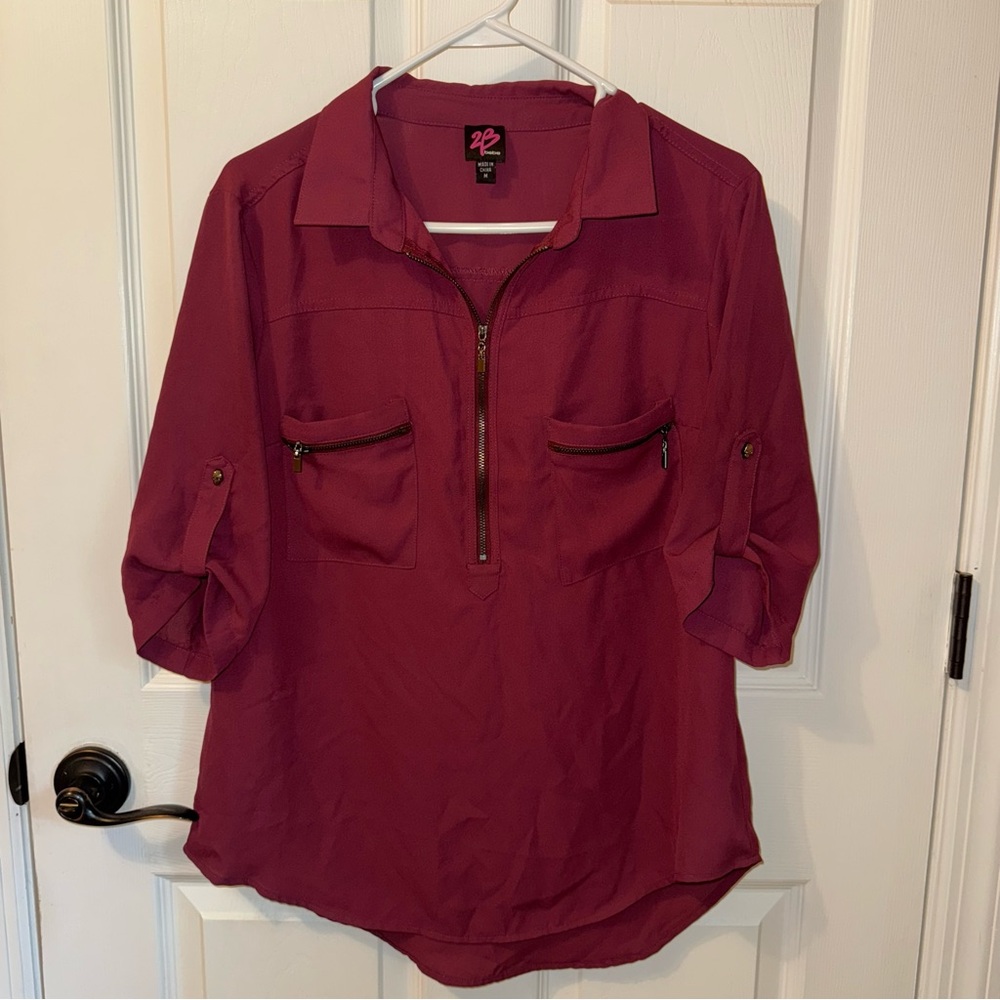 2B Bebe Maroon Red‎ Y2K Cuffed Sleeve Blouse with Notched Collar Work Attire